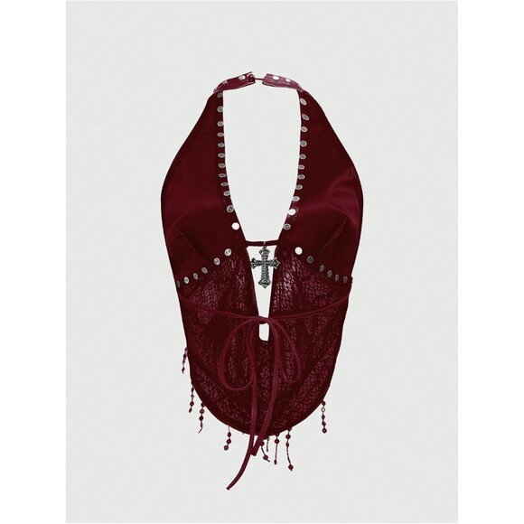 Women's Burgundy Gothic Grunge PU Leather Sparkly Halter V Neck Vest Crop Top - Picture 2 of 4